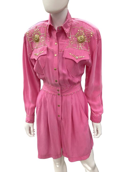 Cache Pants - VTG Caché Romper Women’s SZ S Long Sleeve Gold Rivets &Studs Rhinestones Pink